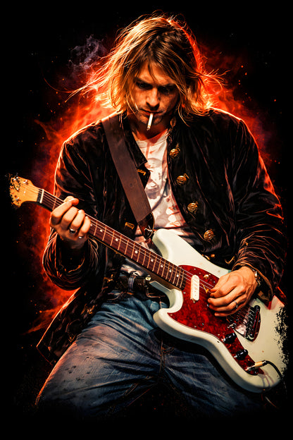 Blond Guitarist with Red Guitar - Halftone DTF transfer - Prints best on darks