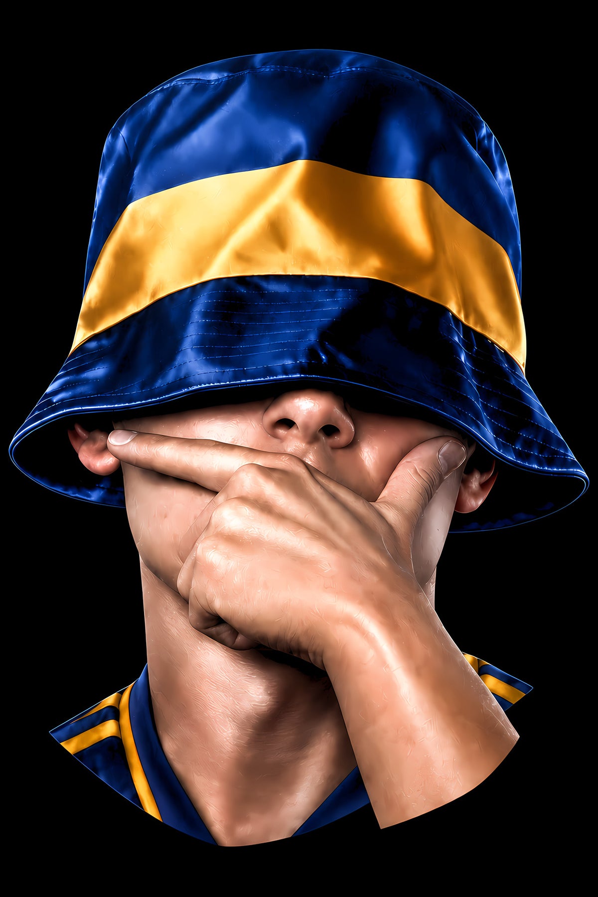Blue and Yellow Bucket Hat Portrait - Halftone DTF transfer - Prints best on darks