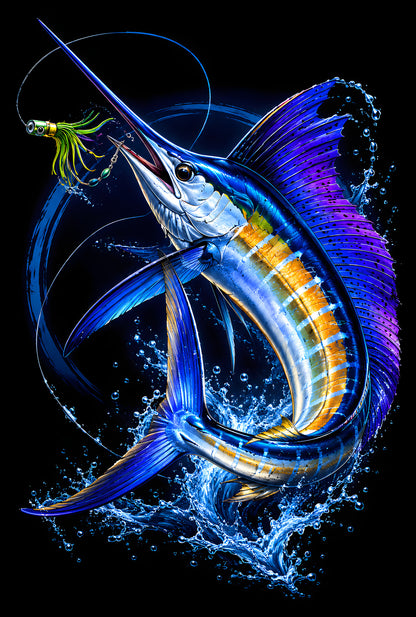 Blue Marlin and Fishing Line - Halftone DTF transfer - Prints best on darks