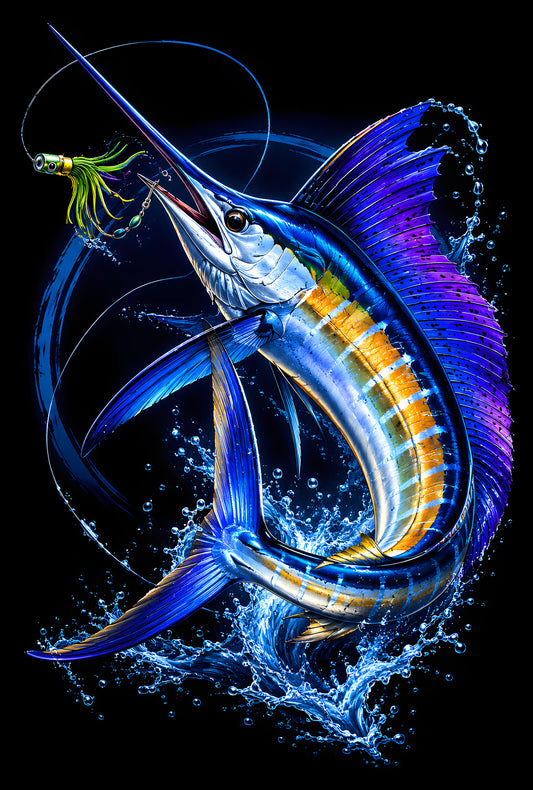 Blue Marlin and Fishing Line - Halftone DTF transfer - Prints best on darks