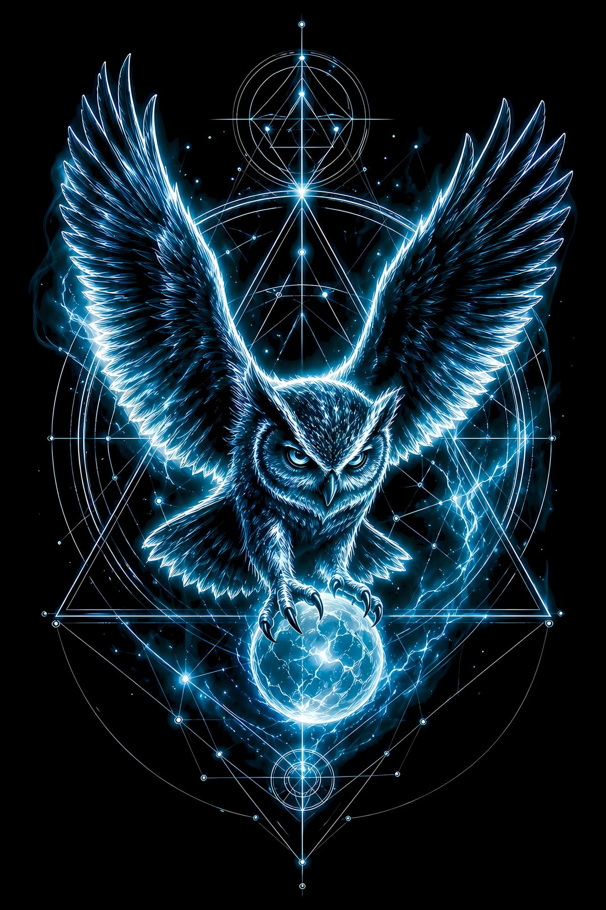 Blue Mystic Owl and Orb - Halftone DTF transfer - Prints best on darks