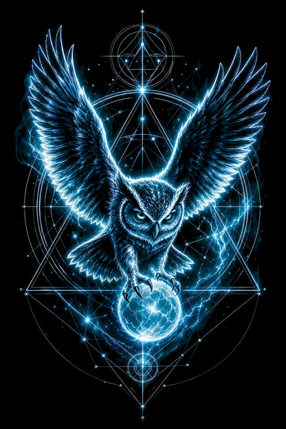 Blue Mystic Owl and Orb - Halftone DTF transfer - Prints best on darks