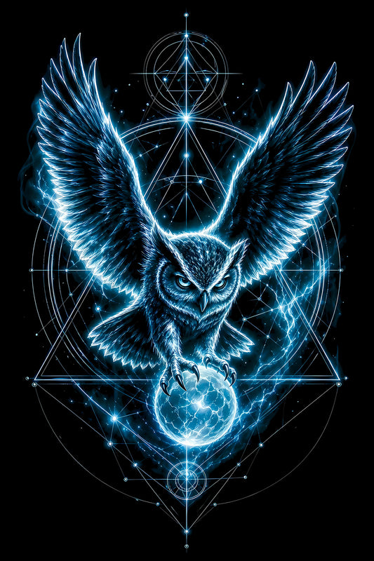 Blue Mystic Owl and Orb - Halftone DTF transfer - Prints best on darks