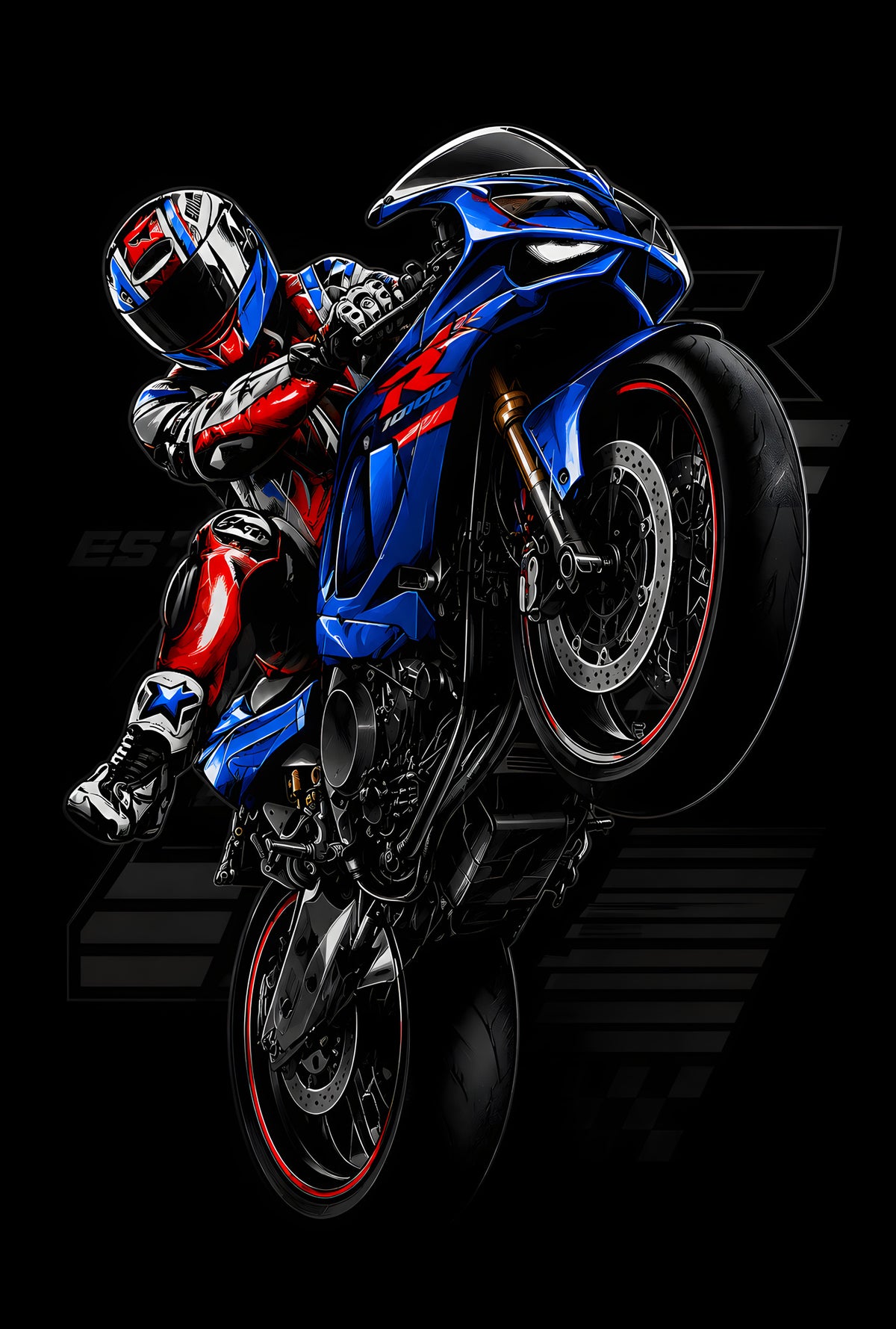 Blue Sport Motorcycle Wheelie - Halftone DTF transfer - Prints best on darks