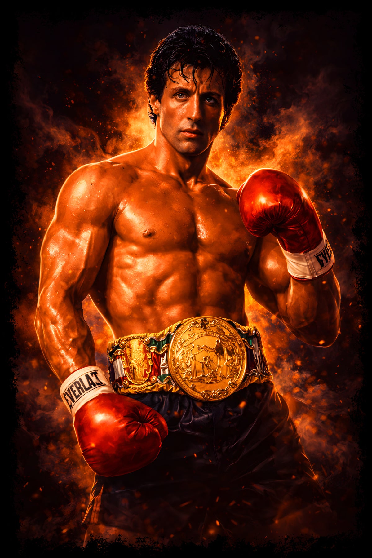 Boxing Champion with Red Gloves - Halftone DTF transfer - Prints best on darks