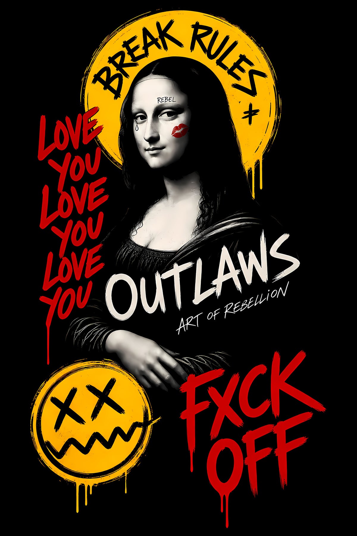 Break Rules Mona Lisa Graffiti - Halftone DTF transfer - Prints best on darks