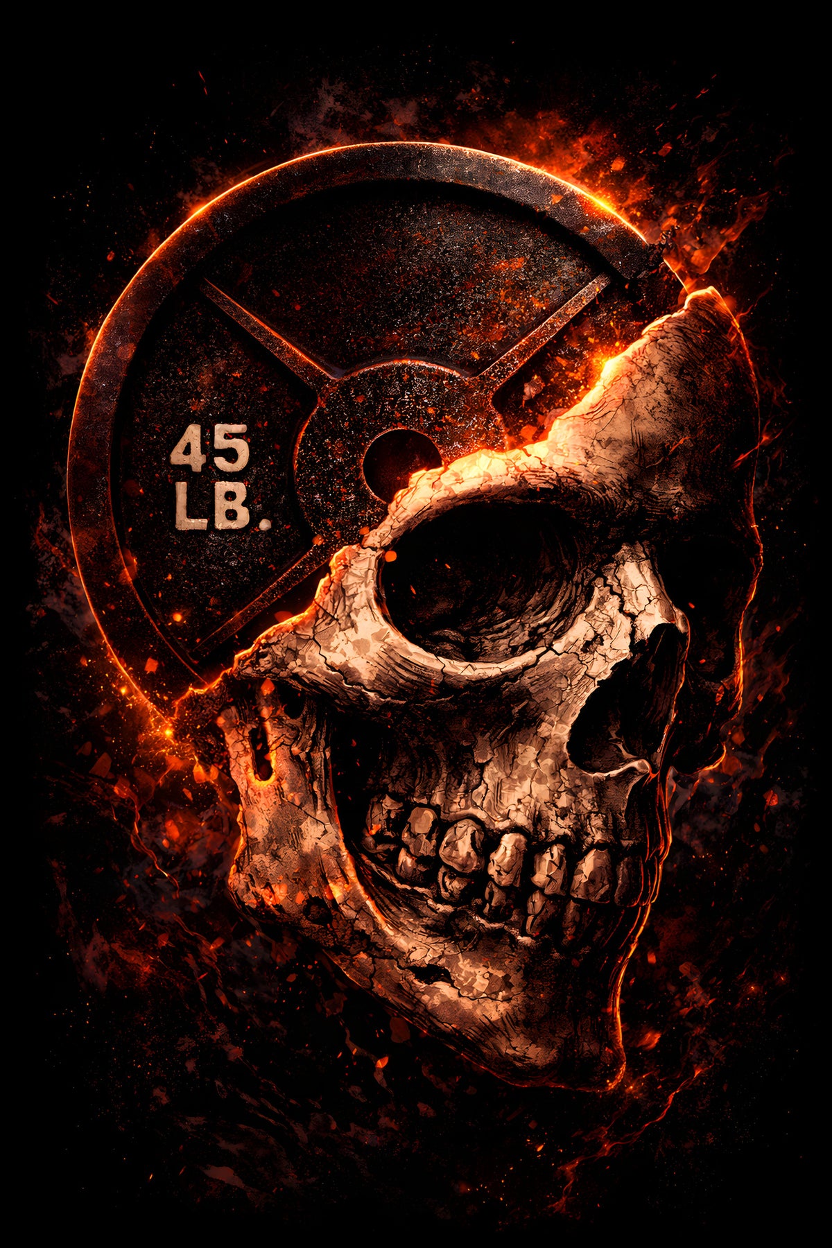 Burning Skull and 45 LB Weight Plate - Halftone DTF transfer - Prints best on darks