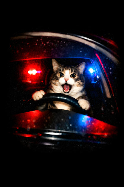 Cat Driving a Police Car - Halftone DTF transfer - Prints best on darks