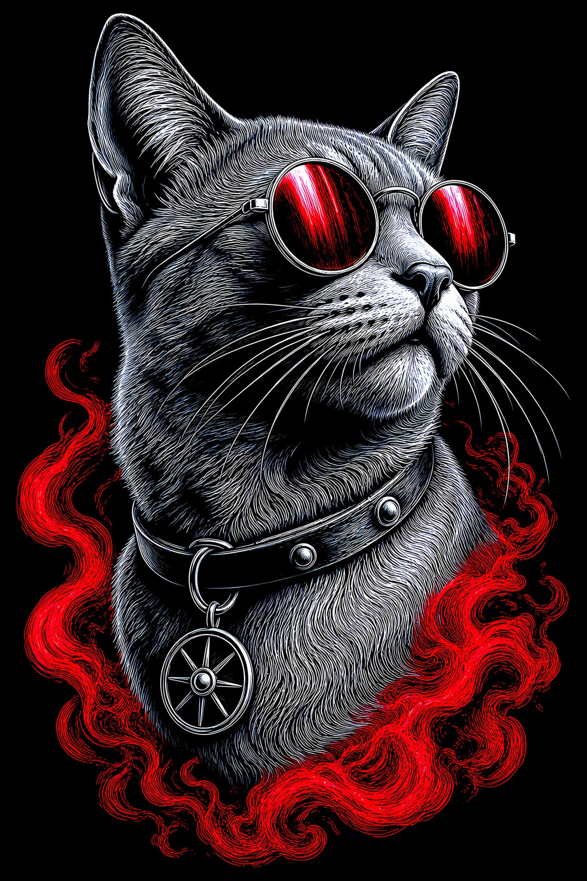 Cat in Red Round Sunglasses - Halftone DTF transfer - Prints best on darks