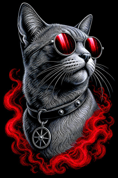 Cat in Red Round Sunglasses - Halftone DTF transfer - Prints best on darks