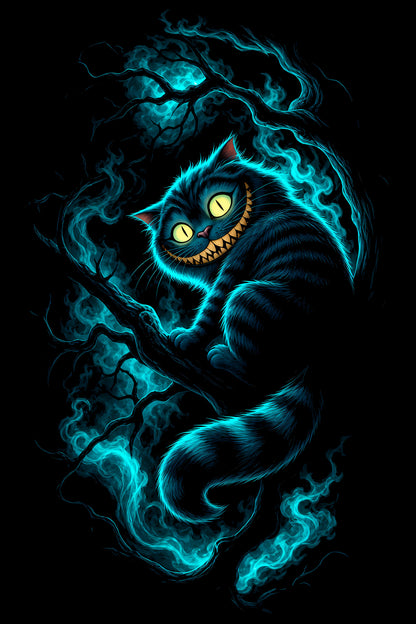 Cheshire Cat in Blue Smoke - Halftone DTF transfer - Prints best on darks
