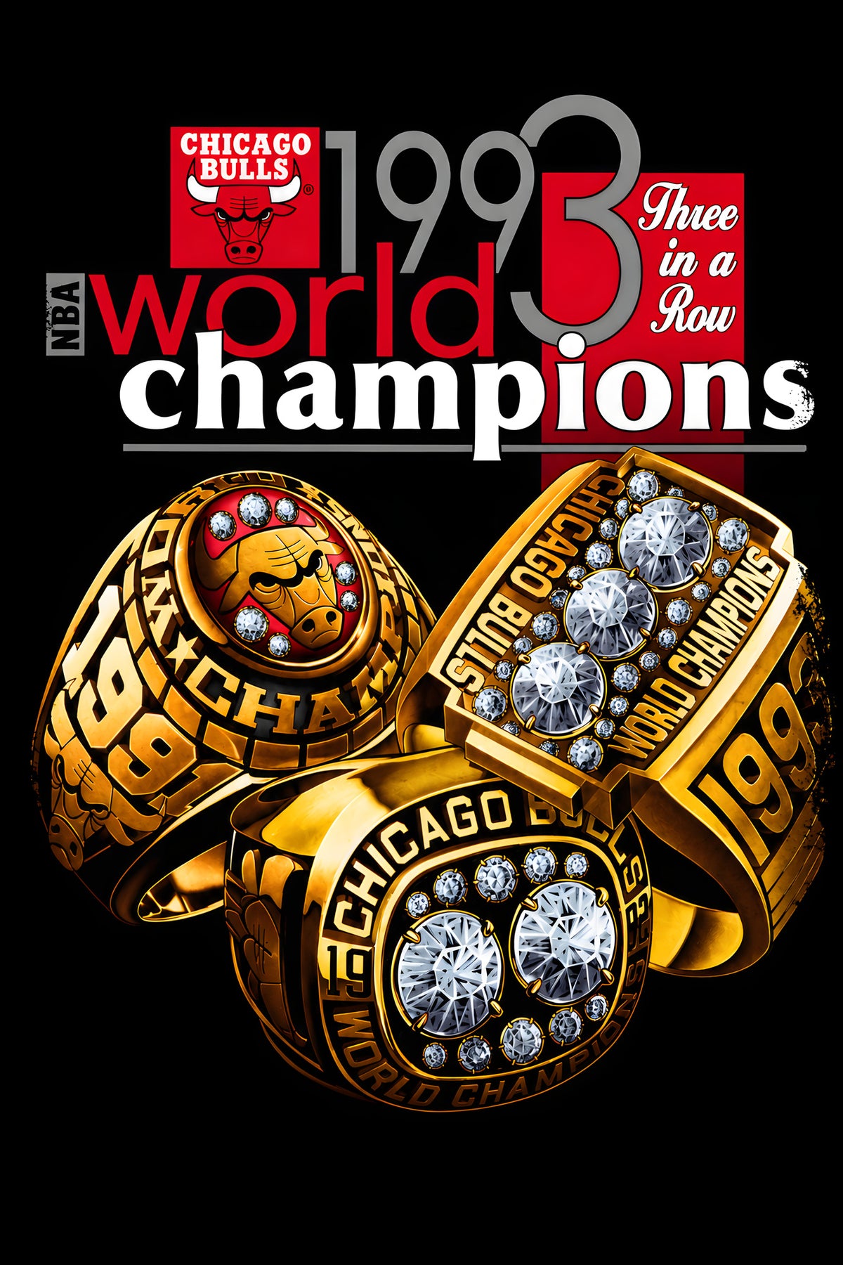 Chicago Bulls 1993 World Champions Rings - Halftone DTF transfer - Prints best on darks