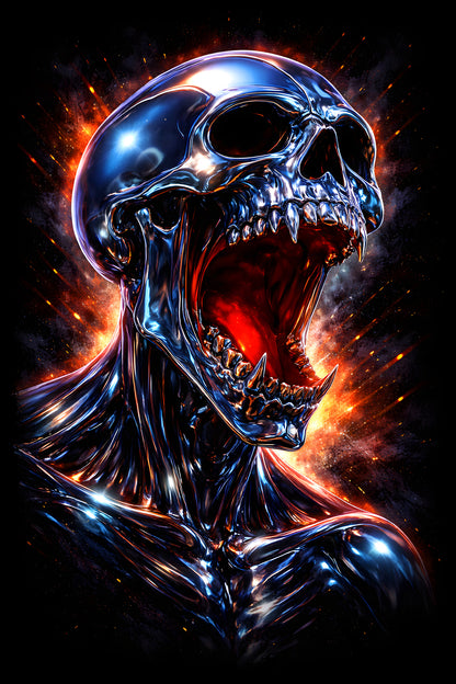 Chrome Screaming Skull - Halftone DTF transfer - Prints best on darks