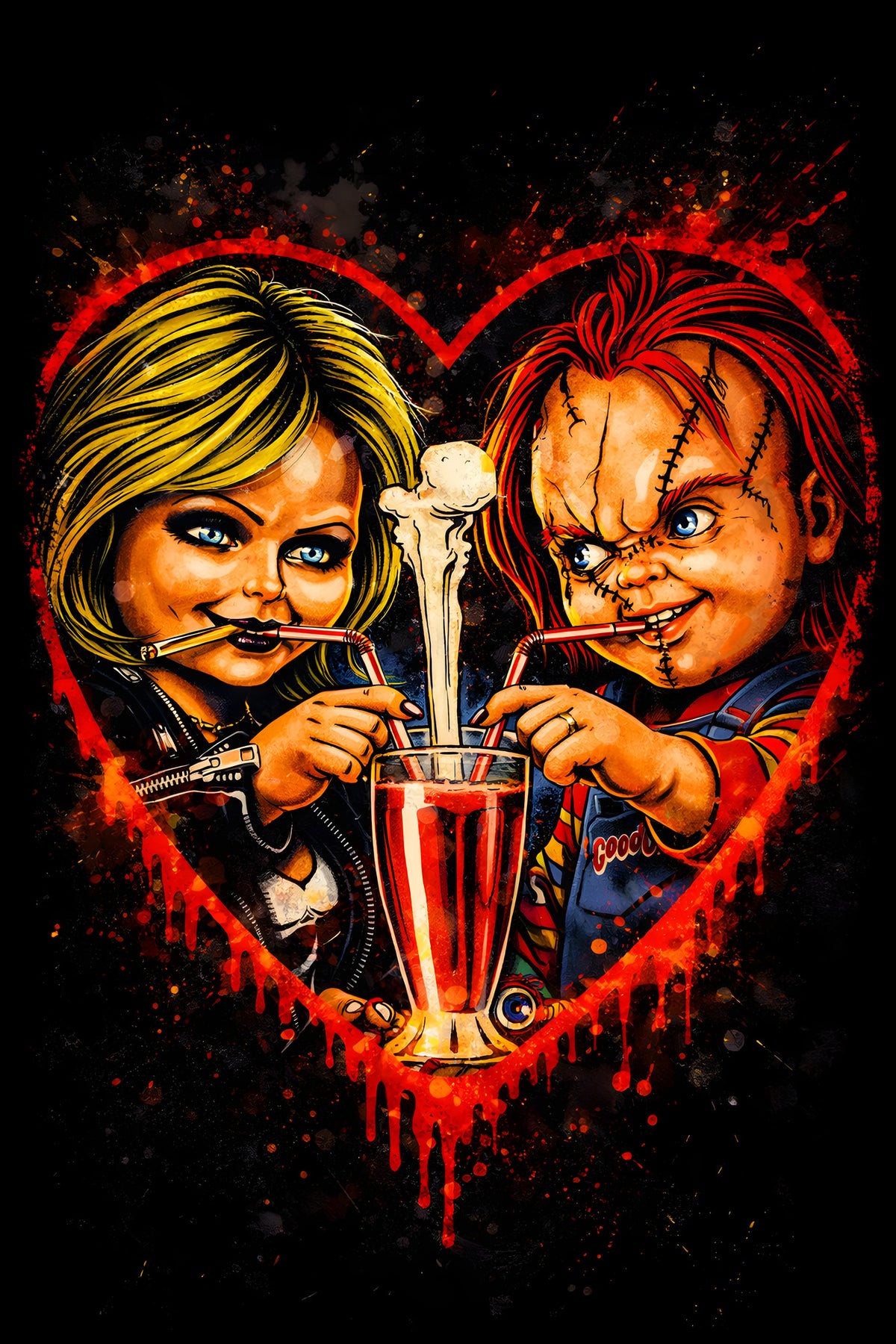 Chucky and Tiffany Milkshake - Halftone DTF transfer - Prints best on darks
