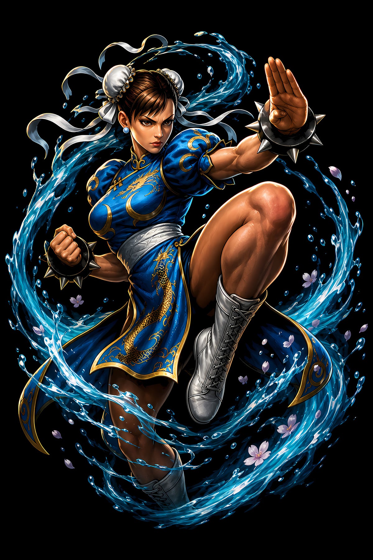 Chun-Li in Blue Energy - Halftone DTF transfer - Prints best on darks