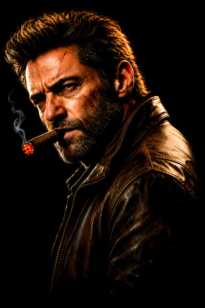 Cigar-Smoking Wolverine Portrait - Halftone DTF transfer - Prints best on darks