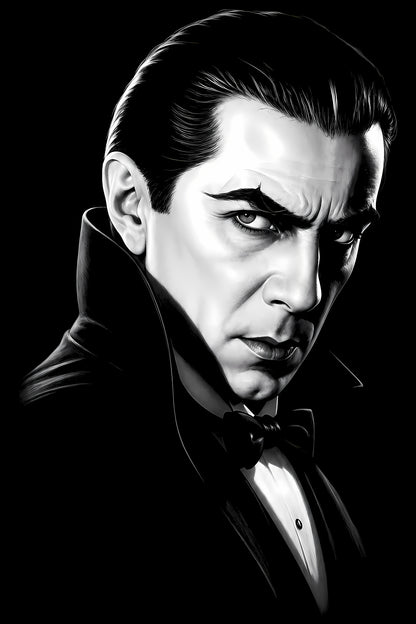 Classic Black and White Vampire - Halftone DTF transfer - Prints best on darks