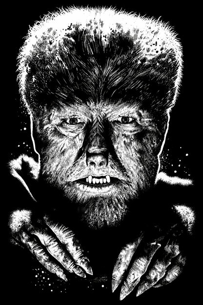 Classic Black and White Werewolf - Halftone DTF transfer - Prints best on darks