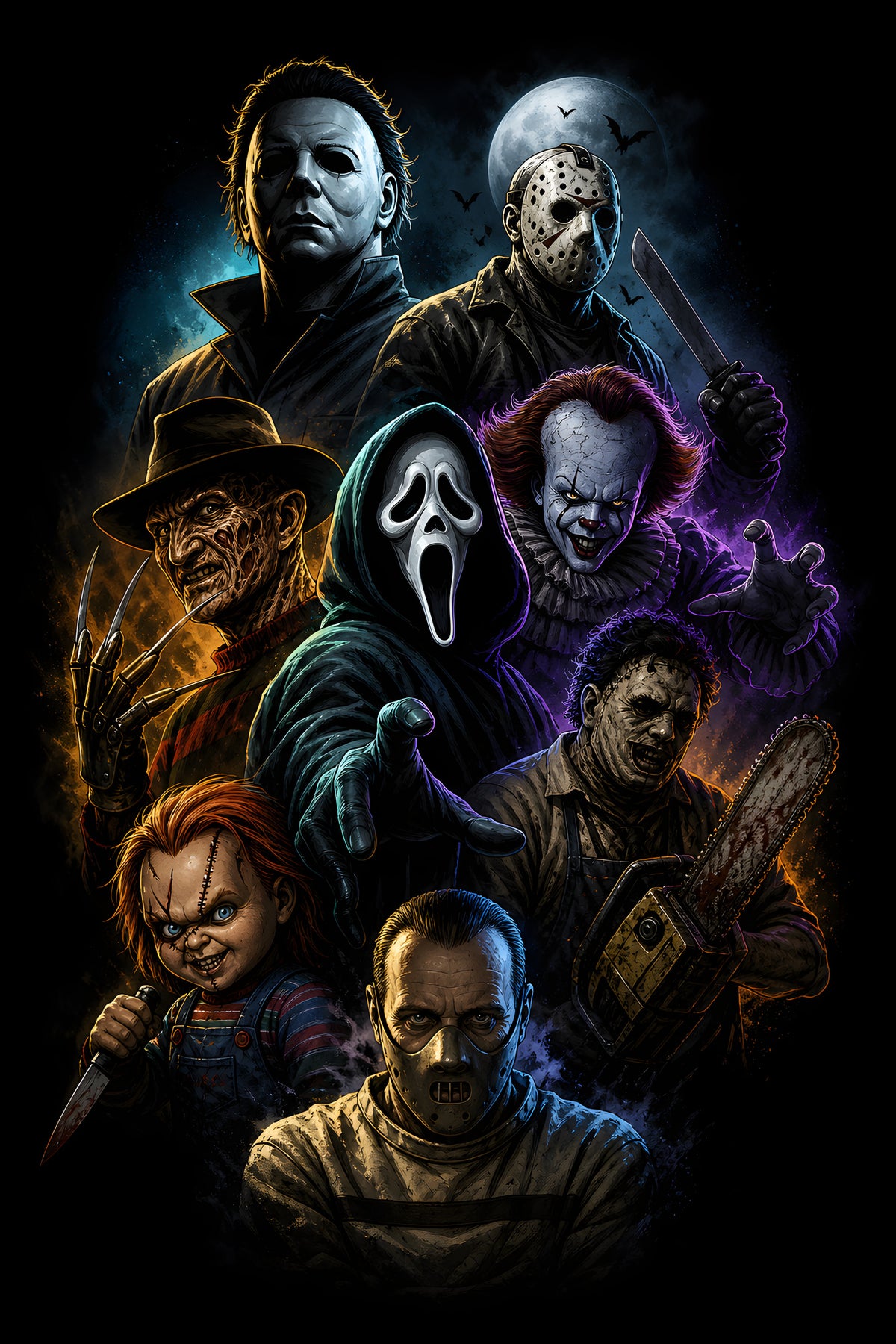 Classic Horror Characters Collage - Halftone DTF transfer - Prints best on darks