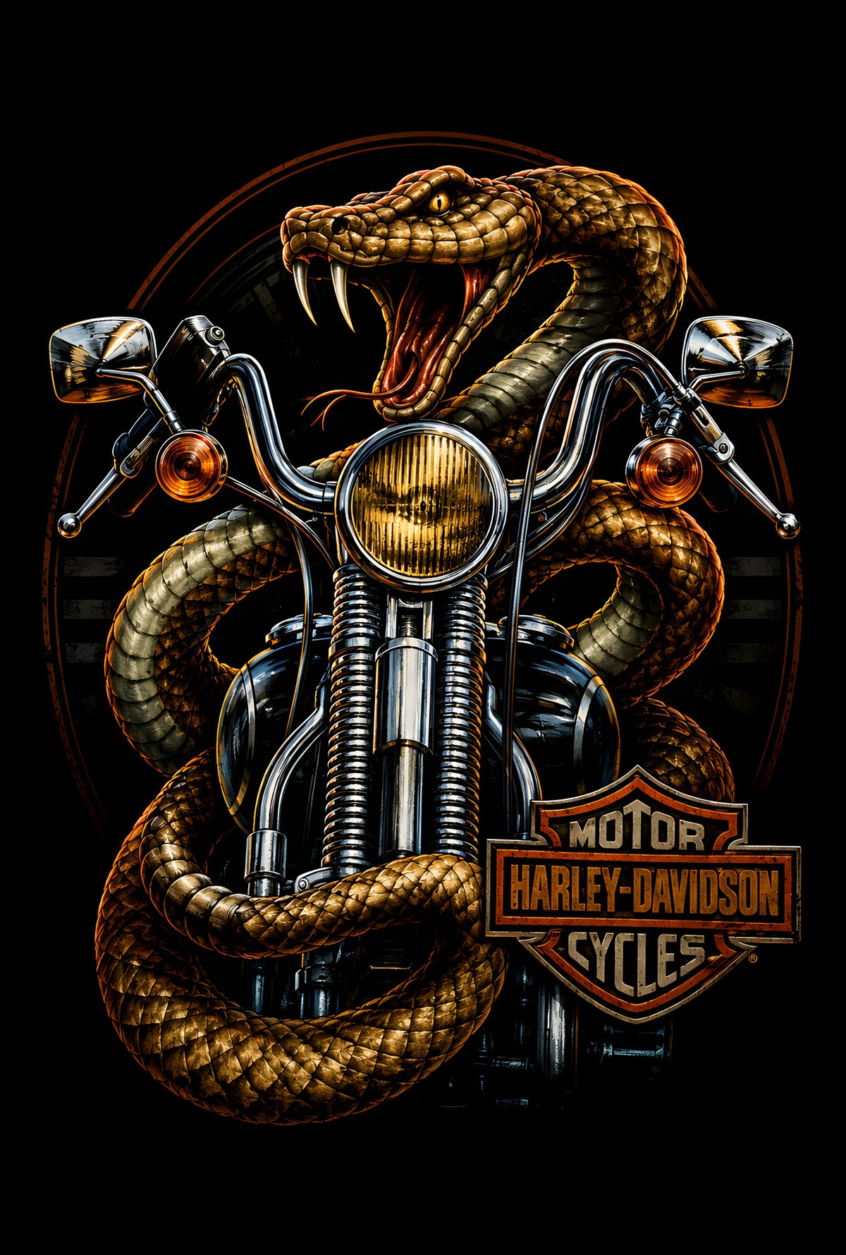 Cobra and Harley-Davidson Motorcycle - Halftone DTF transfer - Prints best on darks