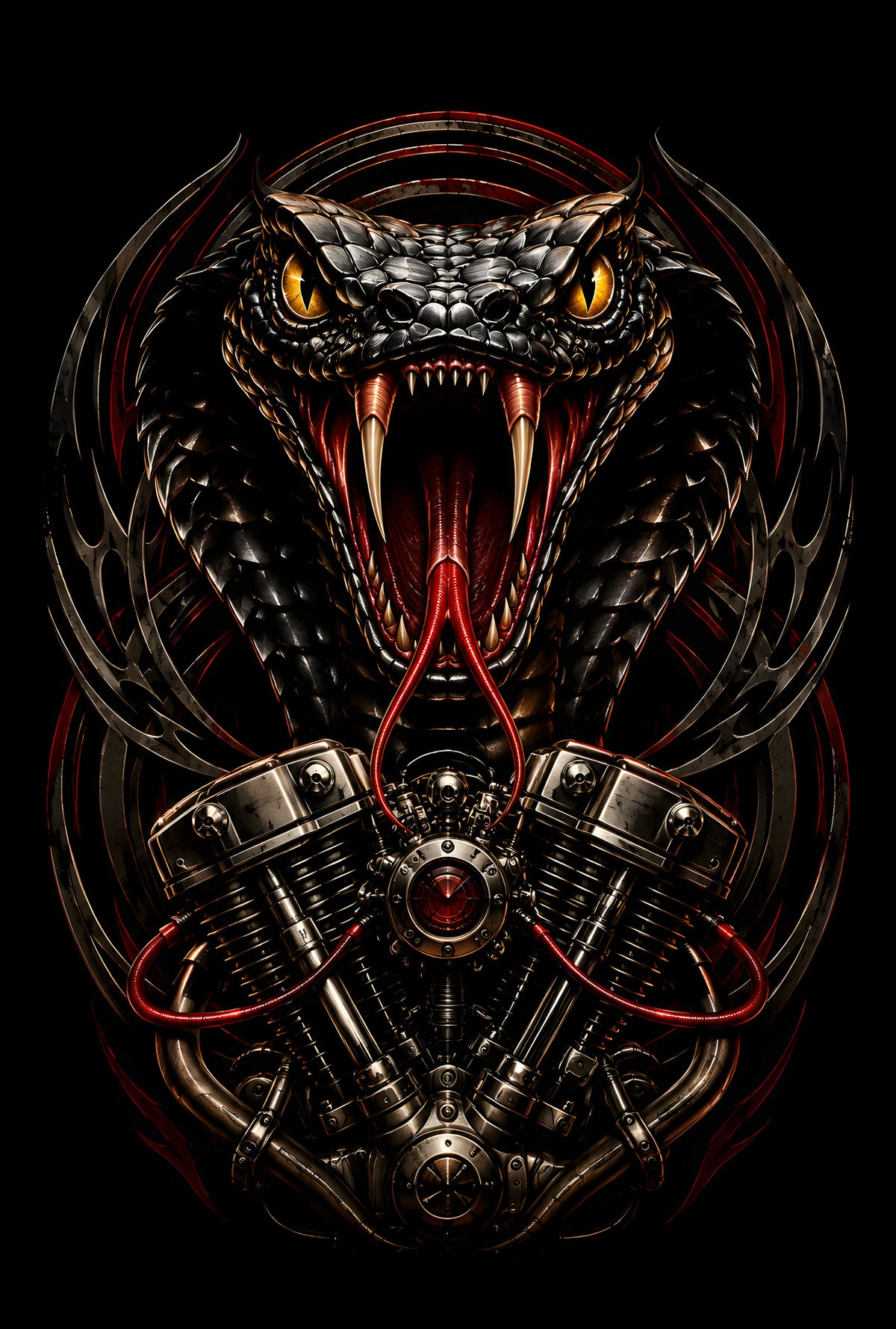 Cobra and Motorcycle Engine - Halftone DTF transfer - Prints best on darks