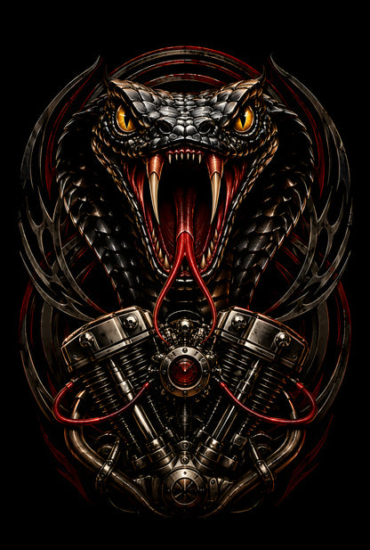 Cobra and Motorcycle Engine - Halftone DTF transfer - Prints best on darks
