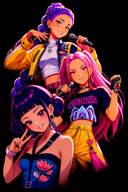 Colourful Anime Pop Trio - Halftone DTF transfer - Prints best on darks