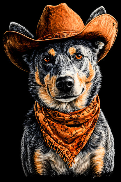 Cowboy Blue Heeler - Halftone DTF transfer - Prints best on darks