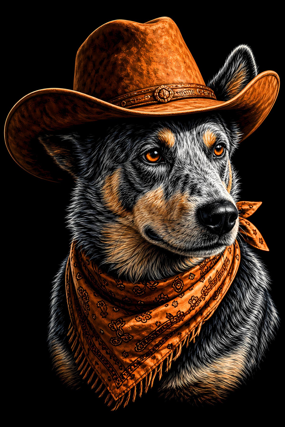 Cowboy Blue Heeler Side Portrait - Halftone DTF transfer - Prints best on darks