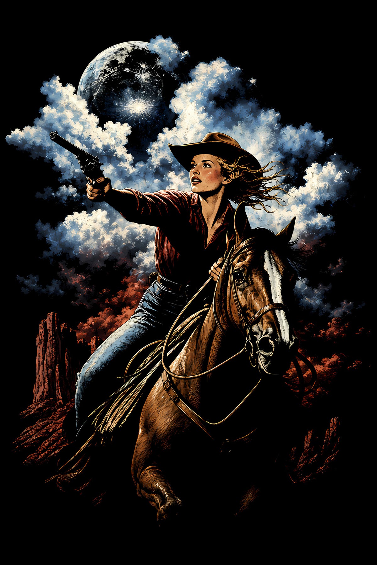 Cowboy Riding under Moonlit Clouds - Halftone DTF transfer - Prints best on darks