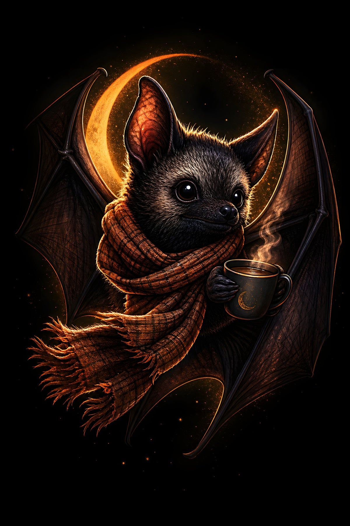 Cozy Bat with Coffee and Crescent Moon - Halftone DTF transfer - Prints best on darks