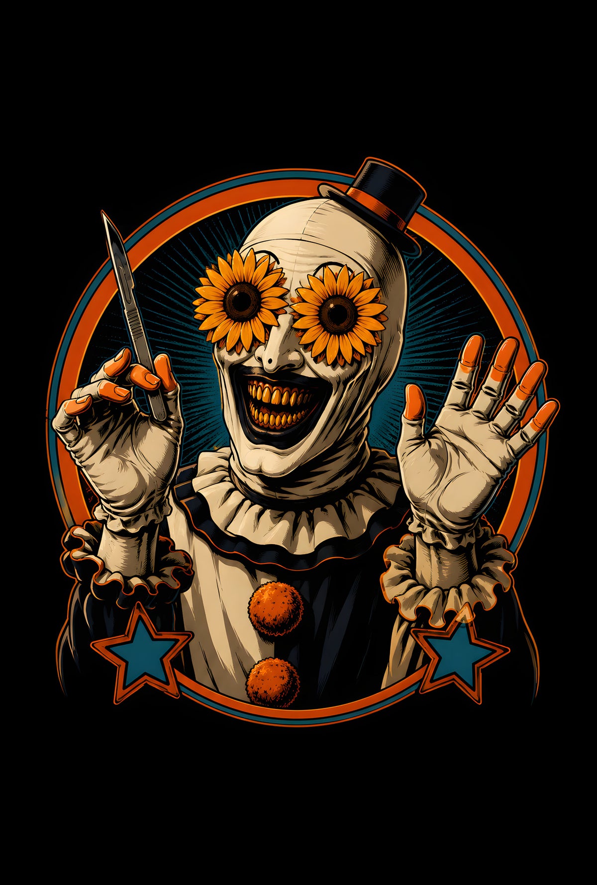Creepy Clown with Flower Goggles - Halftone DTF transfer - Prints best on darks
