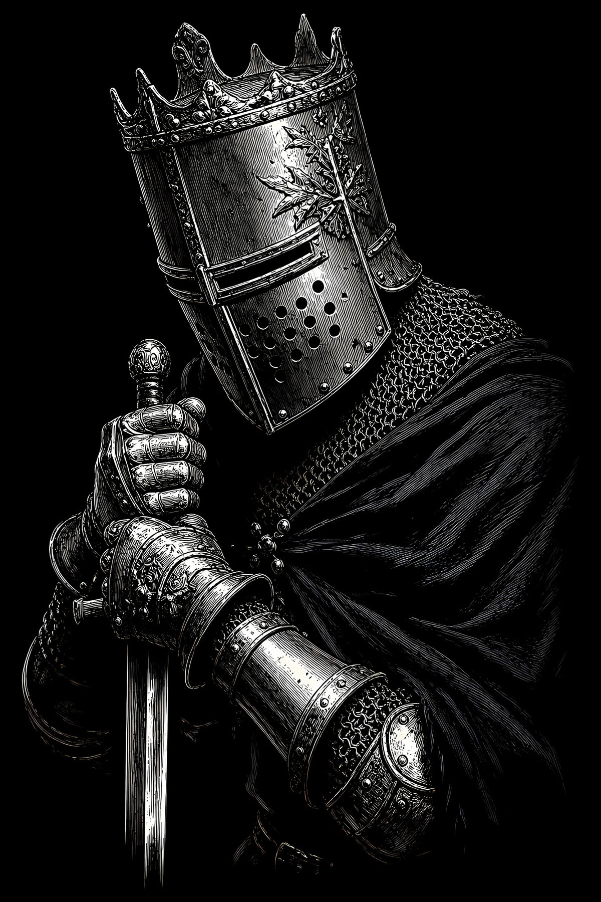 Crowned Medieval Knight - Halftone DTF transfer - Prints best on darks
