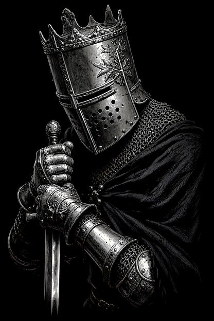 Crowned Medieval Knight - Halftone DTF transfer - Prints best on darks