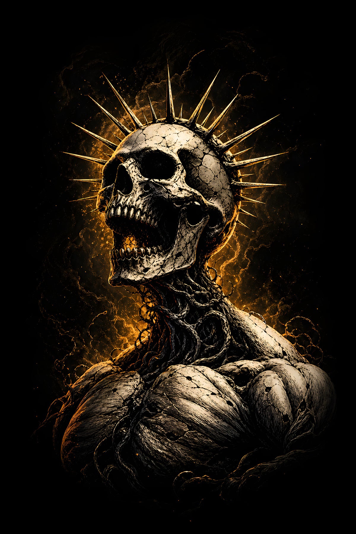 Crowned Skeleton with Golden Halo - Halftone DTF transfer - Prints best on darks