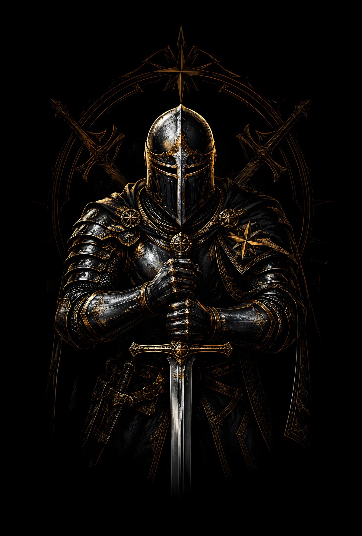 Dark Armoured Knight with Sword - Halftone DTF transfer - Prints best on darks
