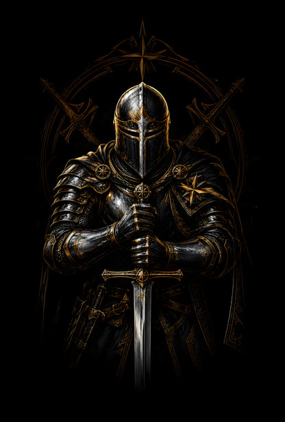 Dark Armoured Knight with Sword - Halftone DTF transfer - Prints best on darks