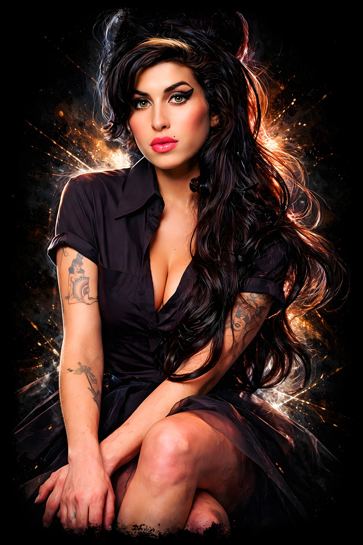 Dark-Haired Woman in Black Dress - Halftone DTF transfer - Prints best on darks