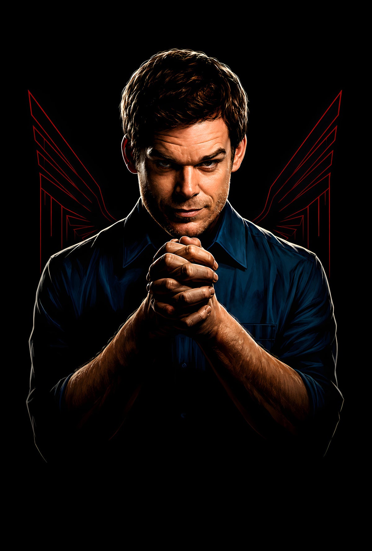 Dark Thriller Portrait with Clasped Hands - Halftone DTF transfer - Prints best on darks