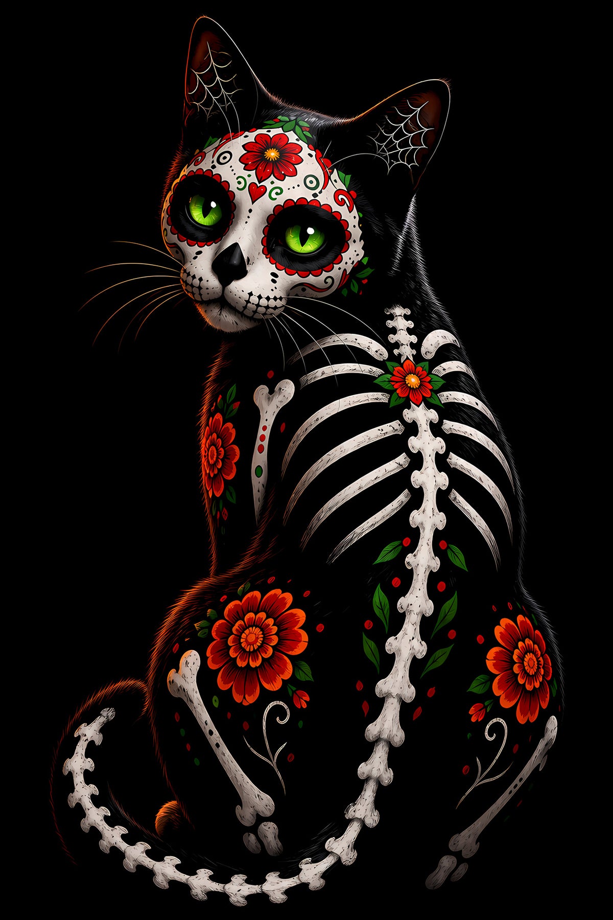 Day of the Dead Cat Back Portrait - Halftone DTF transfer - Prints best on darks