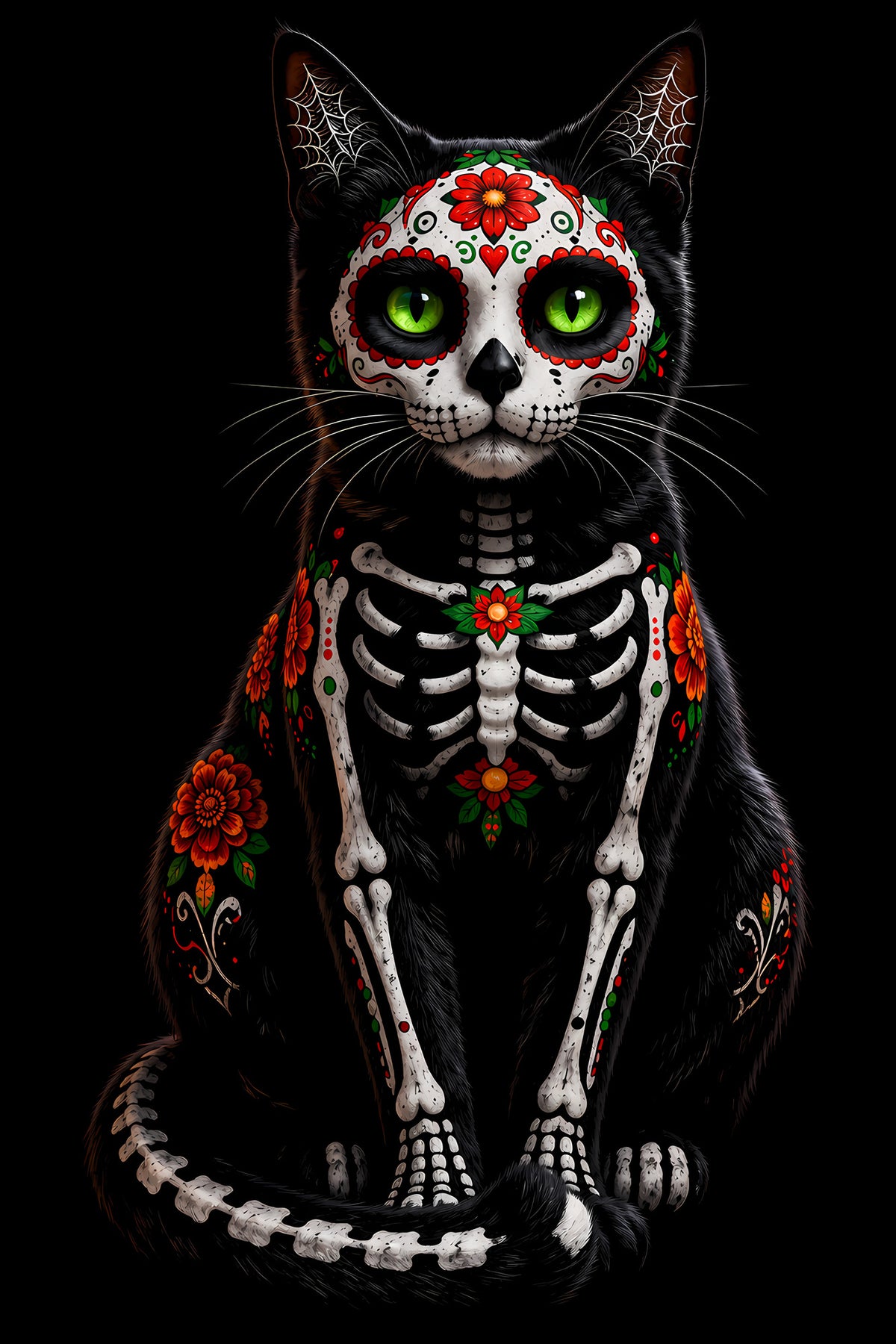 Day of the Dead Skeleton Cat - Halftone DTF transfer - Prints best on darks
