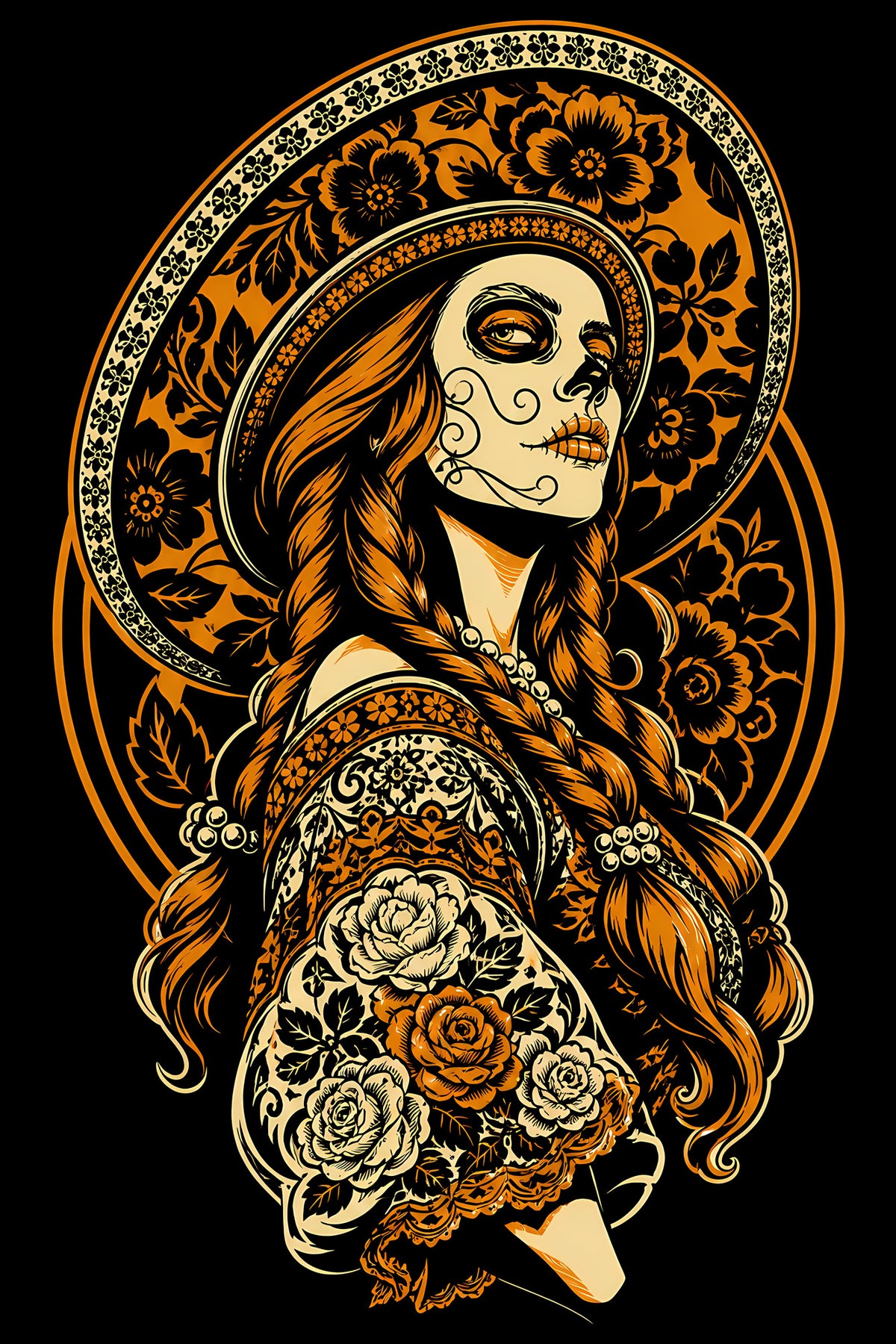 Day of the Dead Woman in Sombrero - Halftone DTF transfer - Prints best on darks
