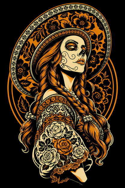 Day of the Dead Woman in Sombrero - Halftone DTF transfer - Prints best on darks