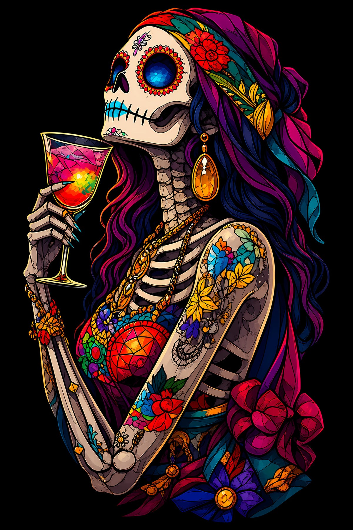 Day of the Dead Woman with Wine - Halftone DTF transfer - Prints best on darks