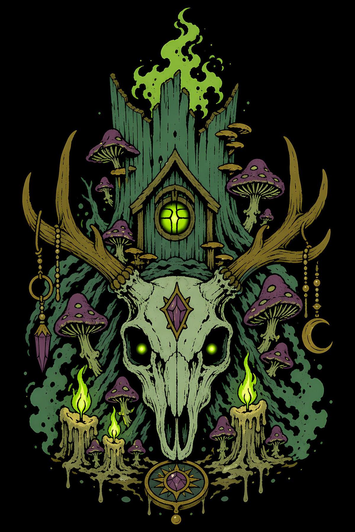 Deer Skull and Witch Cottage - Halftone DTF transfer - Prints best on darks