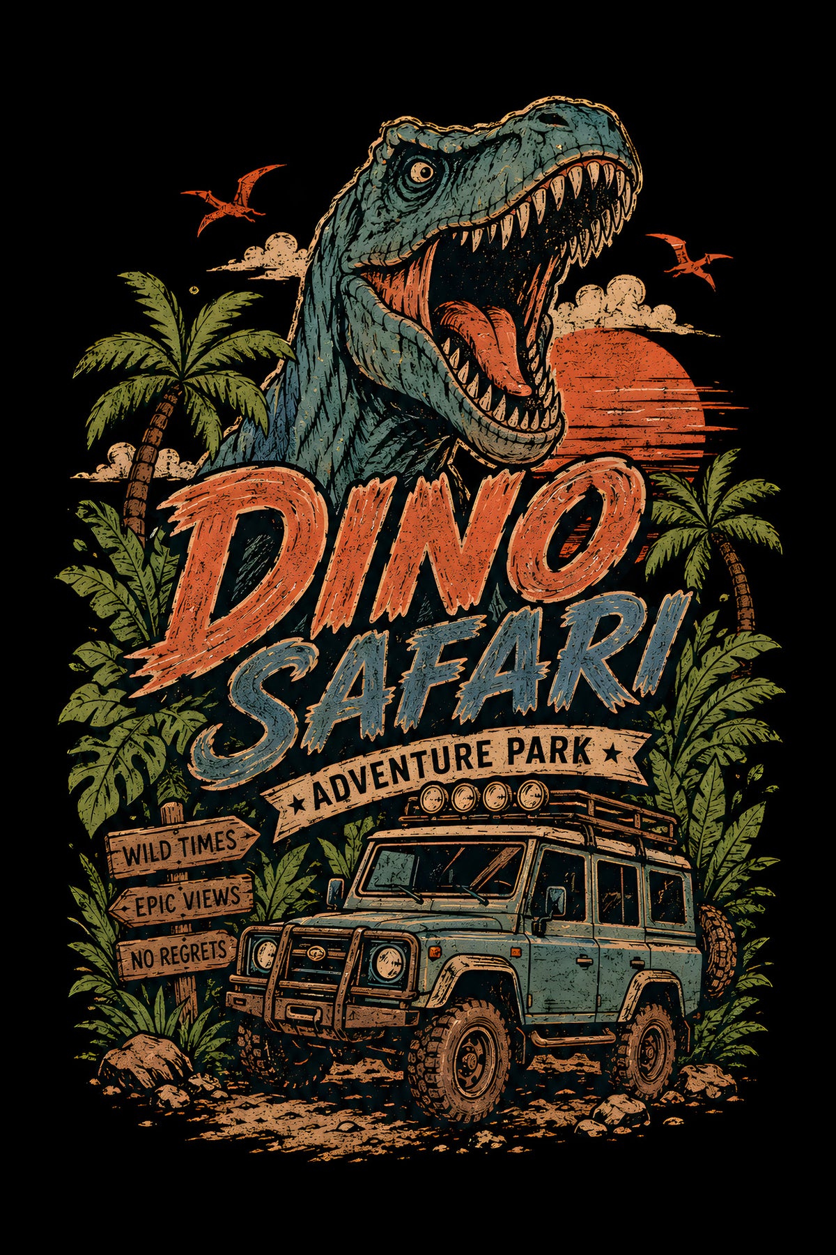 Dino Safari Adventure Park - Halftone DTF transfer - Prints best on darks