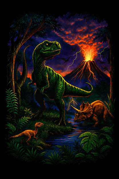 Dinosaurs and Erupting Volcano - Halftone DTF transfer - Prints best on darks