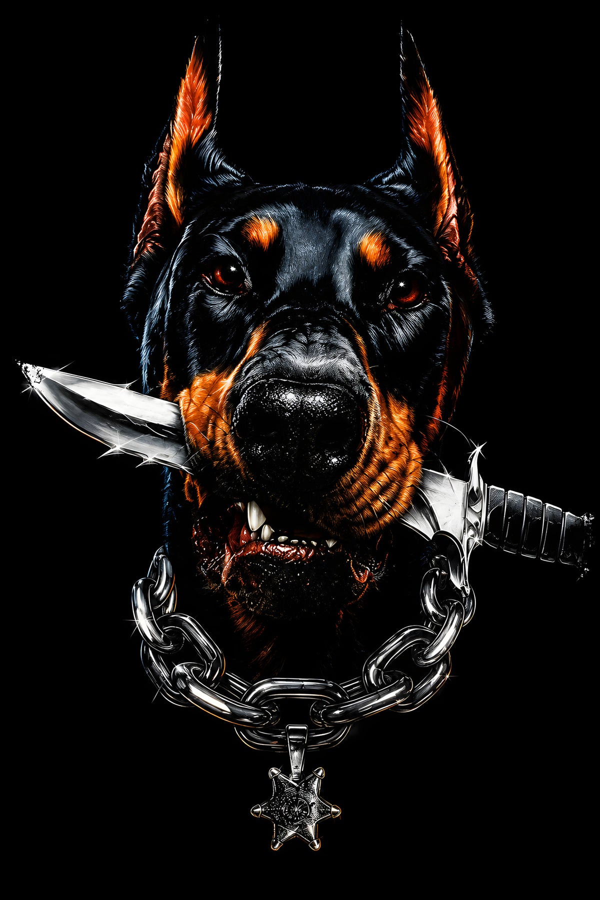 Doberman with a Knife - Halftone DTF transfer - Prints best on darks
