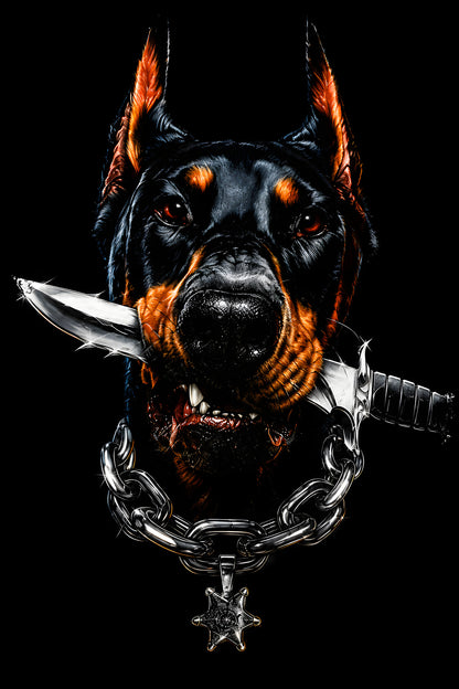 Doberman with a Knife - Halftone DTF transfer - Prints best on darks
