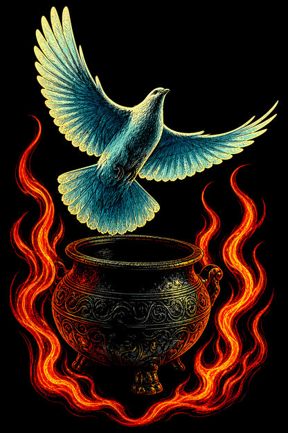 Dove Rising from Flaming Cauldron - Halftone DTF transfer - Prints best on darks